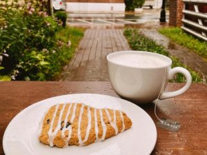 pastry and coffee in Agora Downtown Coffee Shop courtyard