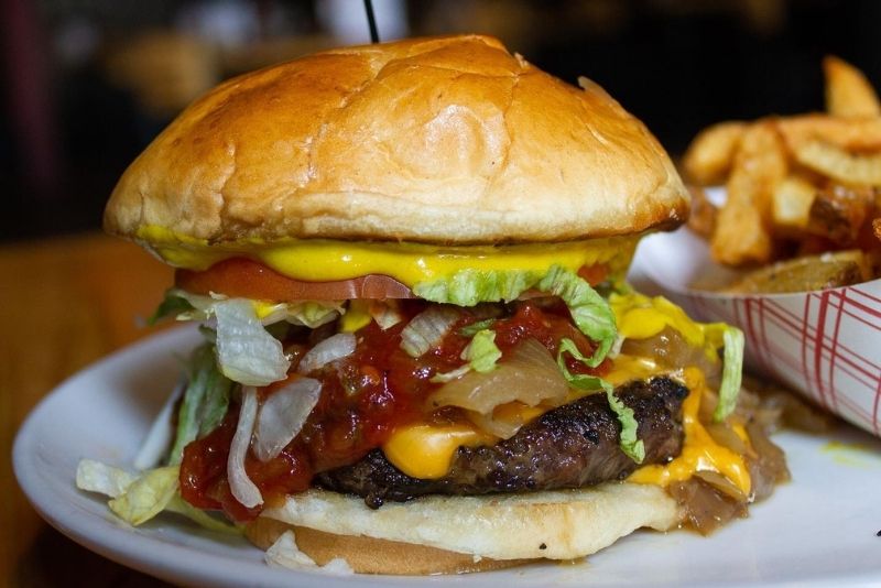 burger and fries at harry's ale house