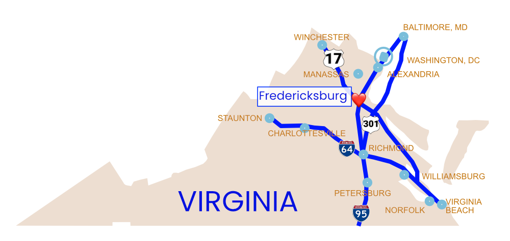 Fredericksburg marked on a map of Virginia