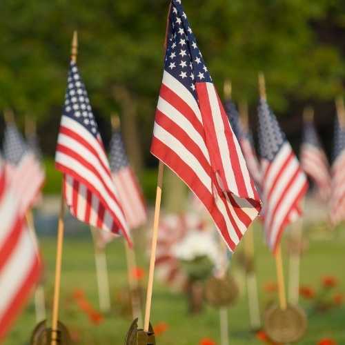 us flags in cemetery