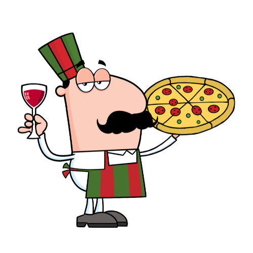 side profile of Cartoon man with a black mustache holding a pizza in his left hand and a glass of red wine in the right. Man is wearing green and red striped apron and little hat