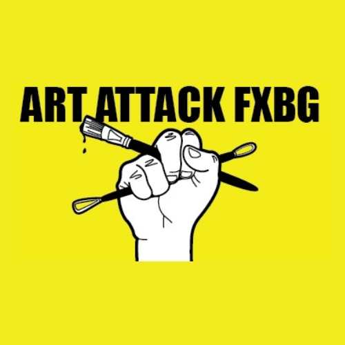 art attack logo hand holding paint brushes