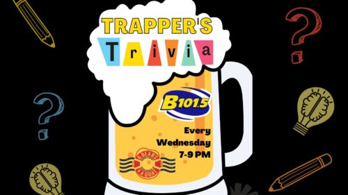 beer glass with words Trapper Trivia - every Wednesday 7pm - 9pm