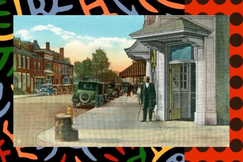 postcard image of the slave auction block at the corner of william and charles streets -Fredericksburg Area Museum website