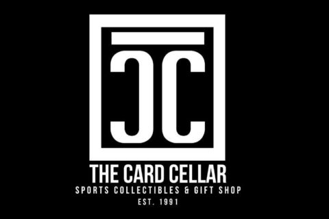 black screen with the words card cellar sports collectibles and gift shop