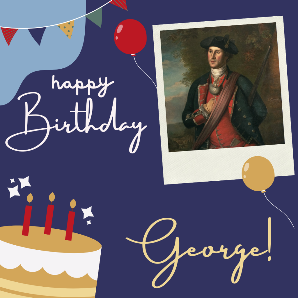 Words: Happy Birthday George with a picture of your George Washington with blue background and birthday cake with candles and birthday banner and balloon