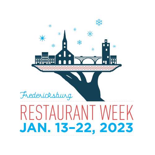 Fredericksburg Restaurant Week January 13 -22 2023 graphic of a hand holding a plate with the Fredericksburg skyline on it. Snowflakes falling on the plate.