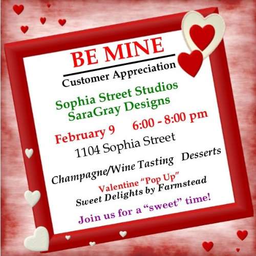 be mine customer appreciation event at sophia street studios in a red border with hearts