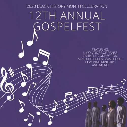 purple background with music notes going across the page with words 2023 black history month celebration 12th annual gospelfest