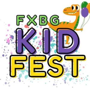 words FXBG Kid Fest with a cartoon dinosaur holding balloons in the backgrounc