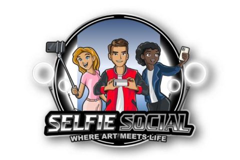Three people each taking a selfie with lights around the them. Word: Selfie Social - where art meets life