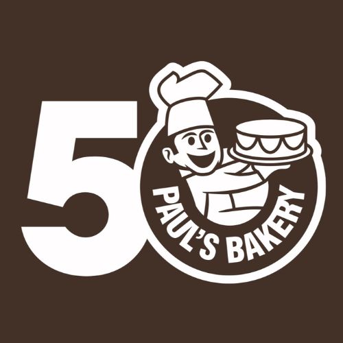 number 50 with a baker smiling and holding a cake in the 0