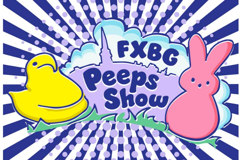 FXBG Peeps Show with yellow duck peep on the left and pink rabbit peep on the right. Hand drawn purple Fredericksburg skyline in the background