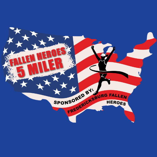 Fallen Heroes 5 Miler Sponsored by Fredericksburg Fallen Heroes Picture of the United State made with a US flag. West coast is the stars and the East Coast is the red and white stripes. Black graphic of runner running through the finish line tape.