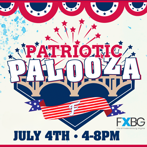 Patriotic Palooza July 4 4pm - 8pm Red, white and blue bunting at the top. Star fireworks around Patriotic Palooza with a blue home plate and beige train bridge in the background