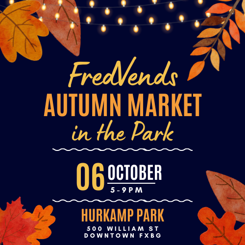 blue background with red and orange leaves on each corner with the text Fred Vends Autumn Market in the Park October 06 5pm to 9pm