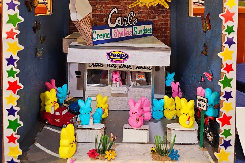 diorama of peeps in front of carl's ice cream 