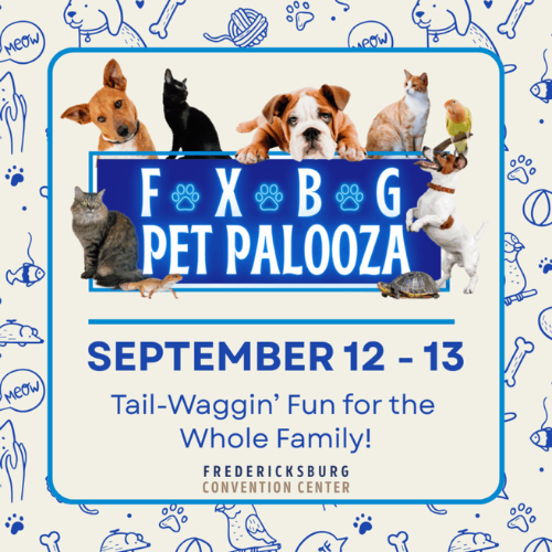 Pet palooza logo in the center surrounded by dogs and cats. pet objects in the background.