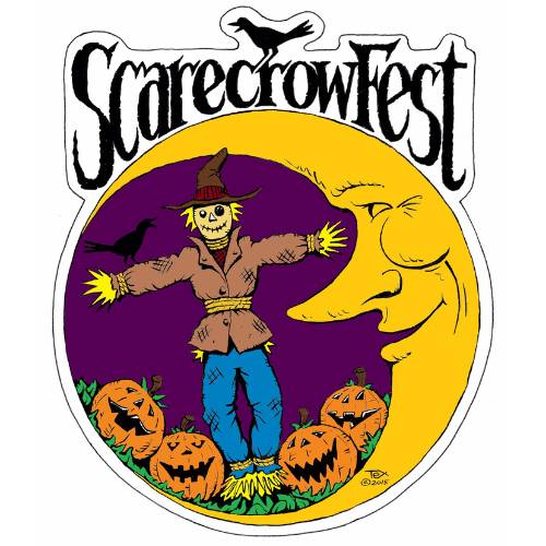 Scarecrow Fest logo. Crow sitting on the words Scarecrow Fest. Yellow moon on the right side of the circle smiling. Scarecrow to the left of the moon. Black crow sitting on the right are of the scarecrow. Four carved pumpkins at the feet of the scarecrow.