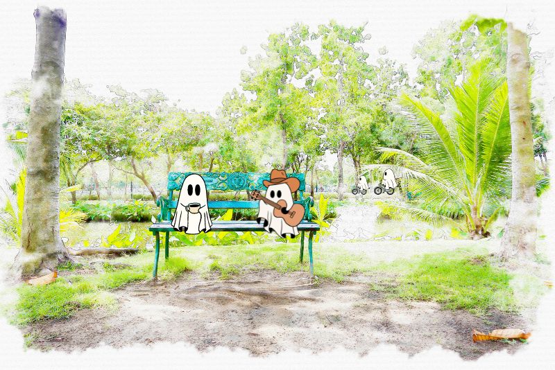 blue bench in the park with 2 ghosts sitting on the bench. One ghose is playing the guitar and one ghost is sipping coffee.