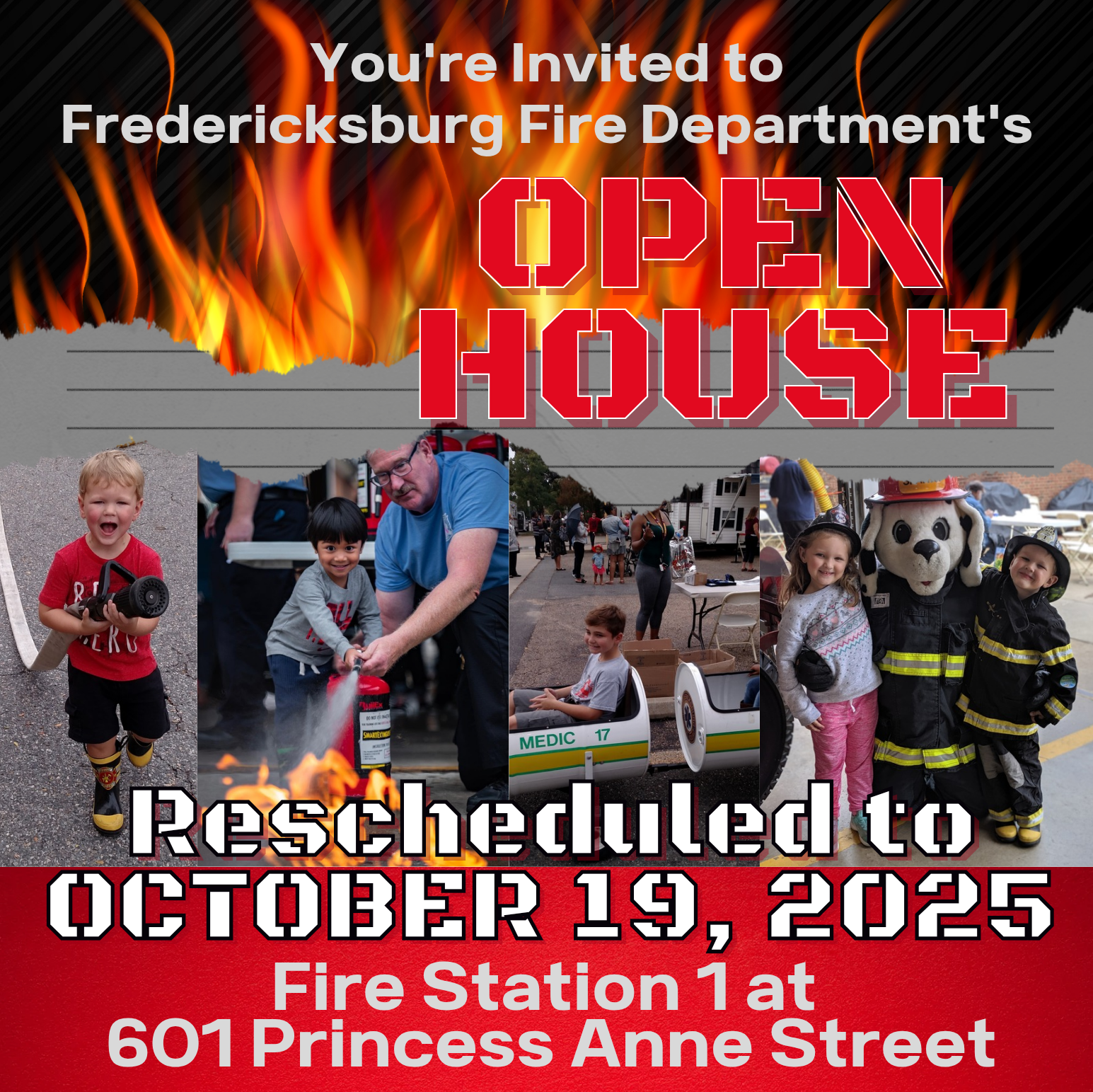 Fire department open house flyer with images of kids playing with fire hoses and posing with firefighters.