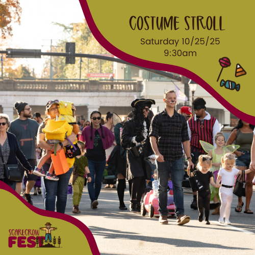 Parents and children in costumes walking in Downtown Fredericksburg.