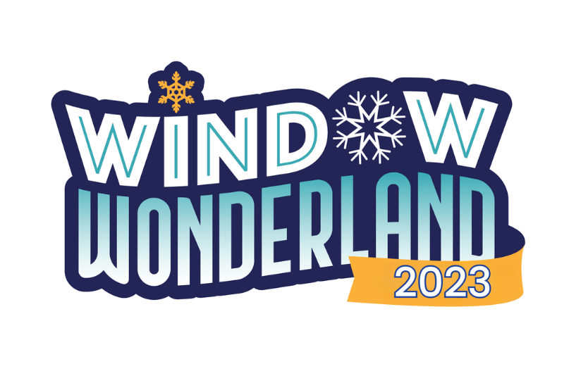 Window Wonderland 2023. The o in window is a snowflake. Letters are on blue. 2023 is on a yellow banner.