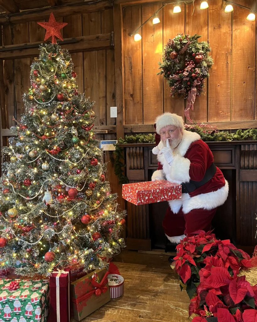Santa putting a present under the tree