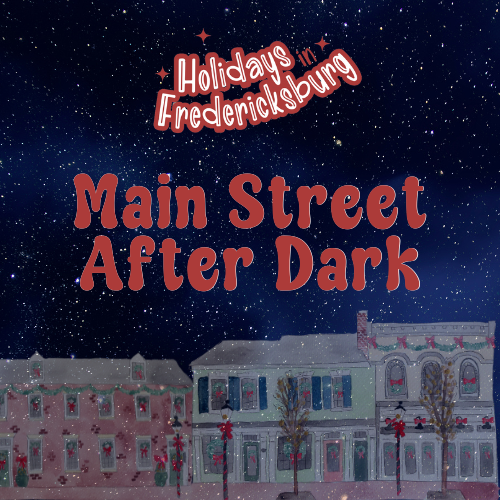 Holidays in Fredericksburg Main Street After Dark Dark blue starry sky with 3 store building at the bottom.
