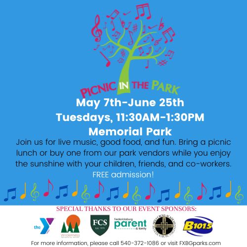Picnic in the Park Flyer with blue back ground, a drawing of a green tree with pink musical notes as the leaves