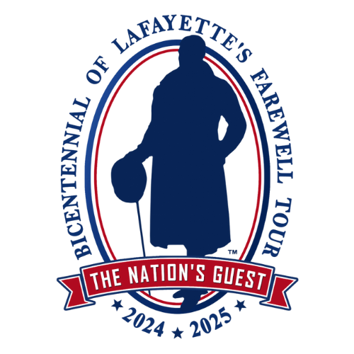 Bicentennial of Lafayette's Farewell Tour - The Nation's Guest 2024 2025. Text arches over a blue profile of a man holding a cane and a hat in his right hand. Left hand is in his pocket.