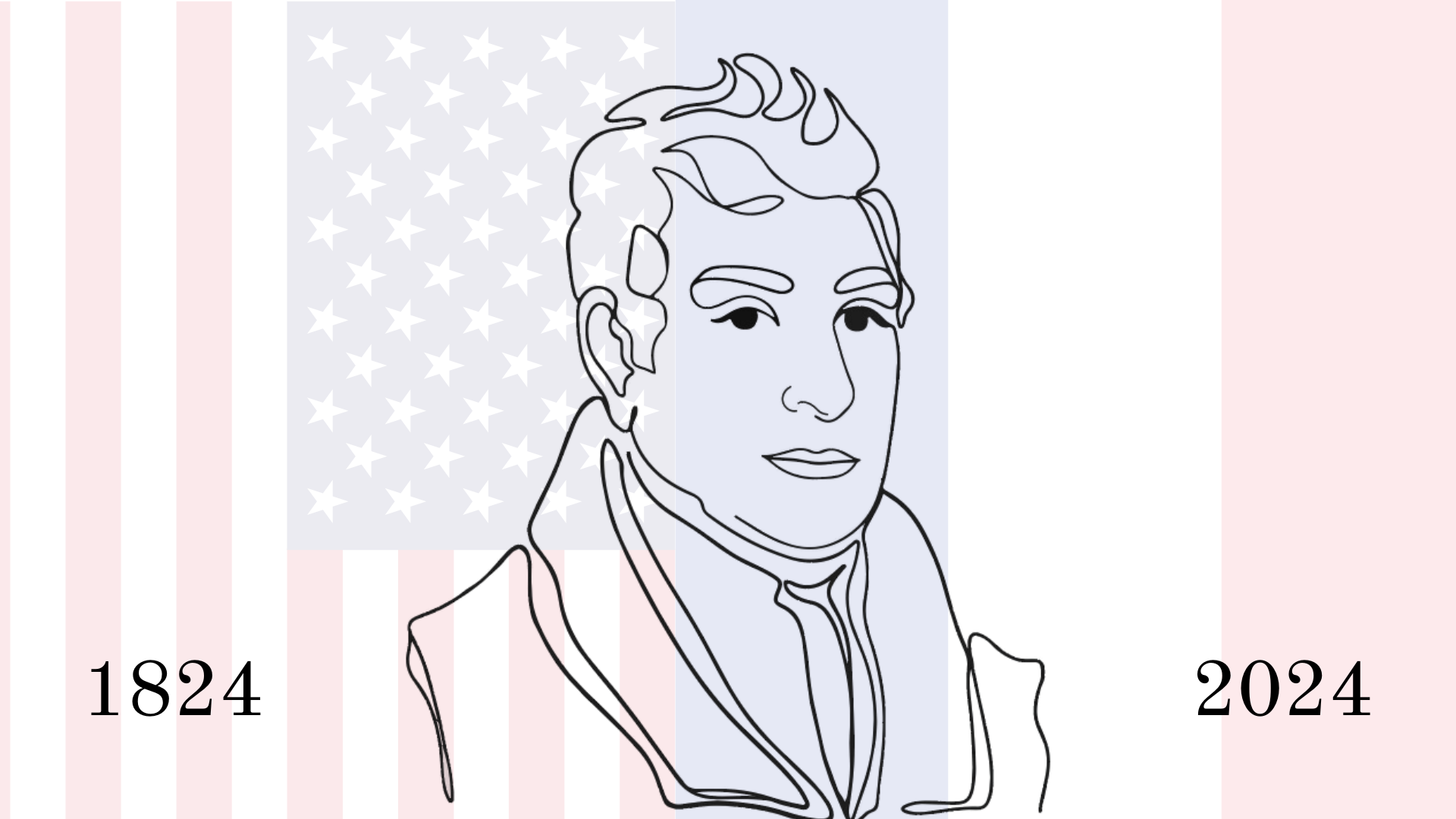 black and white illustration of Marquis de Lafayette. 1824 on the left and 2024 on the right. Transparent USA Flag on the left and transparent French flag on the right.
