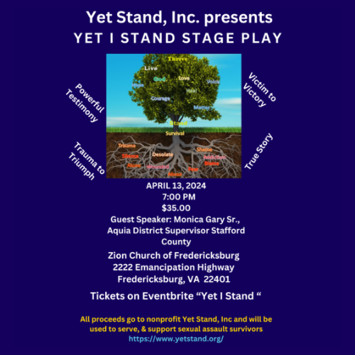 Yet Stand presents Yet I stand Stage play - Tree with the words live, thrive, God, love, courage, matter, stand Roots with the words trauma, desolate, shock, shame