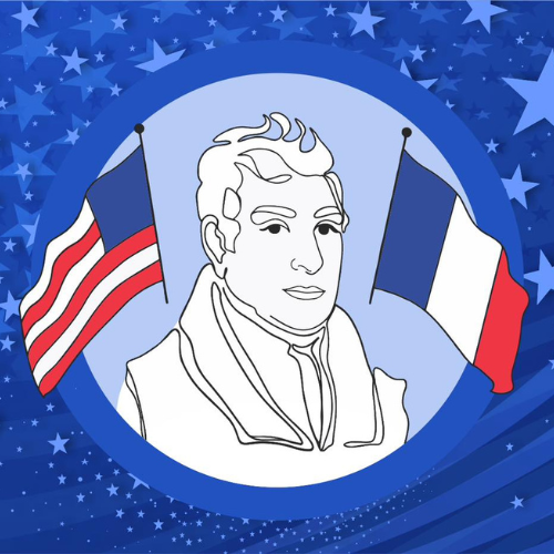 black and white hand-drawn bust image of Marquis de Lafayette. USA flag to the left and French Flag to the right. light blue stars and stripes on dark blue in the background