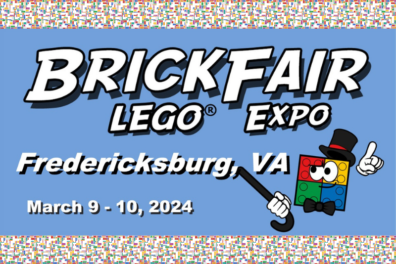 Brick Fair lego Expo Fredericksburg VA March 9-10, 2024 a lego holding a cane and wearing a black hat.