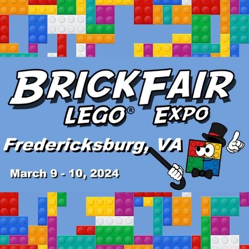 Multi color Legos on top and bottom of Brick Fair Flyer