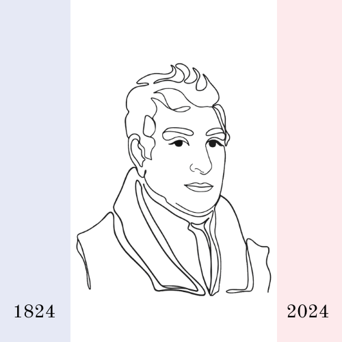 lack and white hand-drawn bust image of Marquis de Lafayette. text 1824 on the bottom left and 2024 on the bottom right. French flag colors in the background. Colors are left to right. Blue White and Red stripes going up and down.