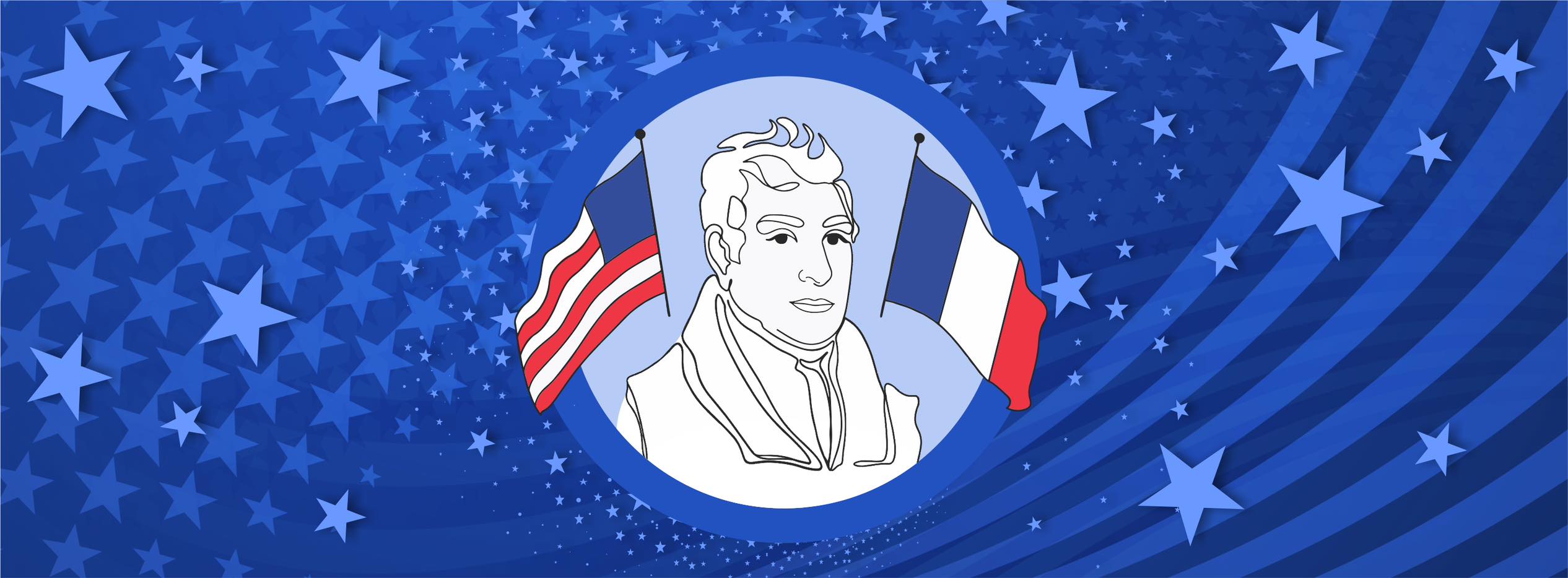 Text: Fredericksburg, VA 1824 Lafayette 2024 Black and White drawing of Marquis de Lafayette with the US flag to his left and the French flag to his right