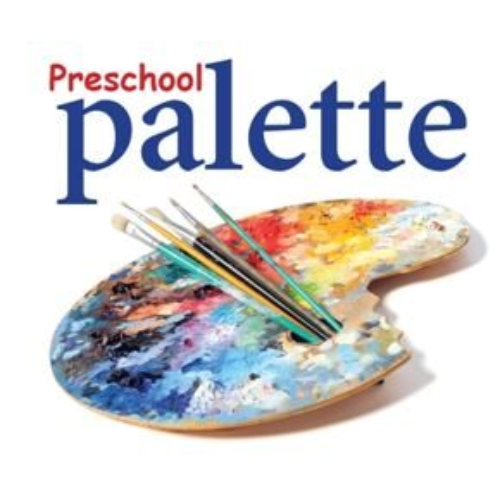 Preschool Palette - Art palette with all colors of paint blended beside each other - blue, white purple, red, yellow, orange. Paint Brushes standing up on the palette
