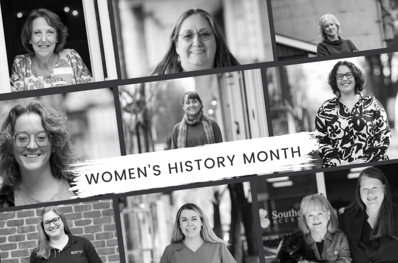 Women's History Month - 9 black and white photos of women smiling at the camera.