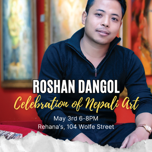 Roshan Dangol Celebration of Nepali Art May 3rd 6-8pm Rehana's 104 Wolfe Street. Nepali Roshan Dangol sitting and looking at the camera. Arms are sitting on his legs. Roshan is wearing a blue sweater.