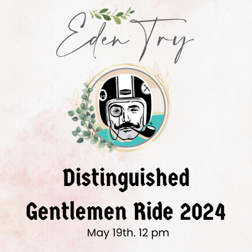 Eden Try Distinguished Gentlemen Ride 2023. Drawing of man in black in white wearing a motorcycle and has a pipe in his mouth.
