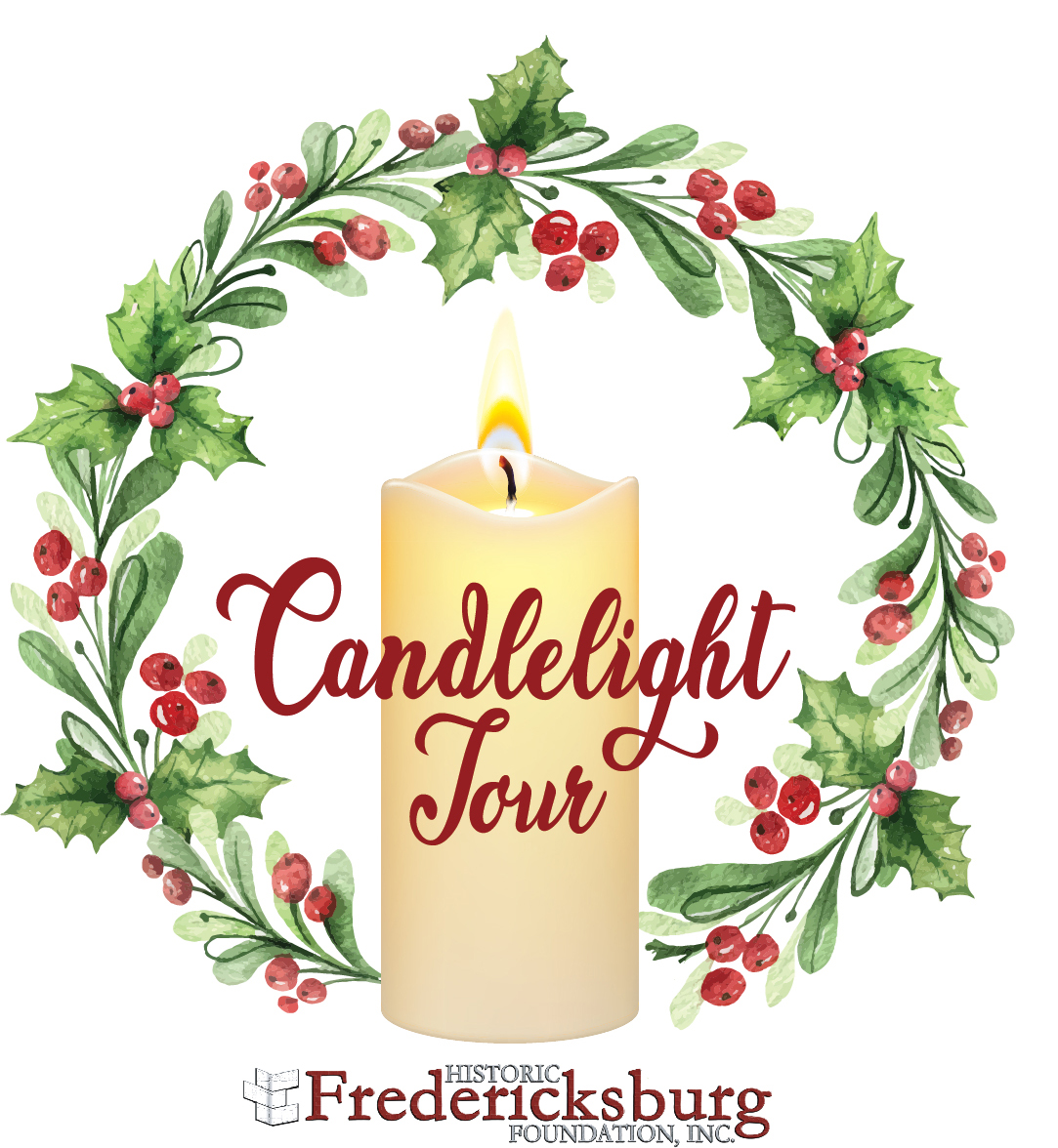 Candlelight Tour Green wreath with red holly berries is over a lit off white candle sitting in the middle