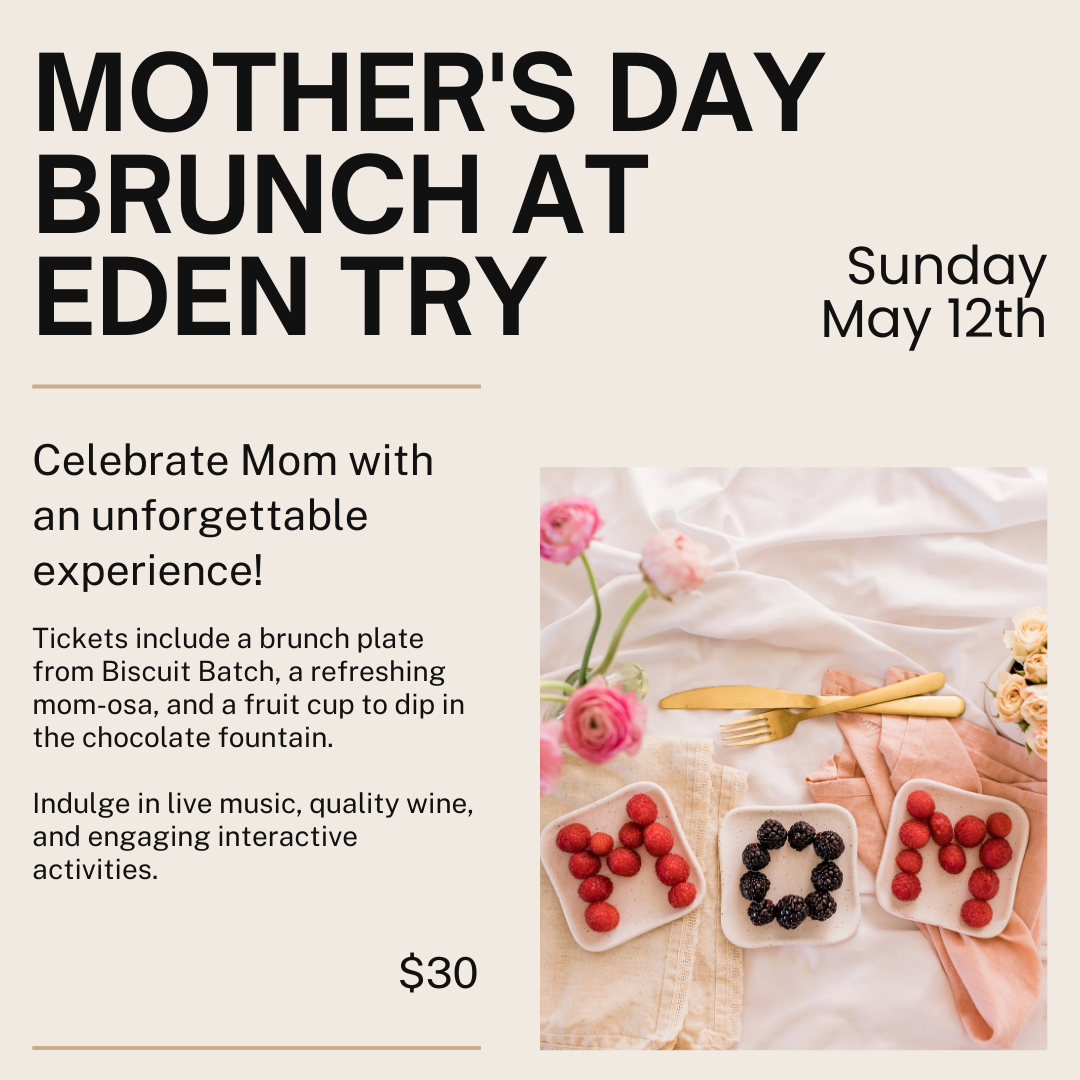 Mother’s Day Brunch at Eden Try. PIcture of three white plates. Each plate has raspberries making a one letter. M o M
