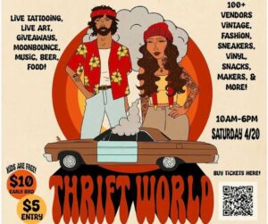 Poster detailing Thrift World information - man in red shirt with yello flowers, woman in red beanie, wearing yellow tank top with red suspenders, over a brown car with a light blue door