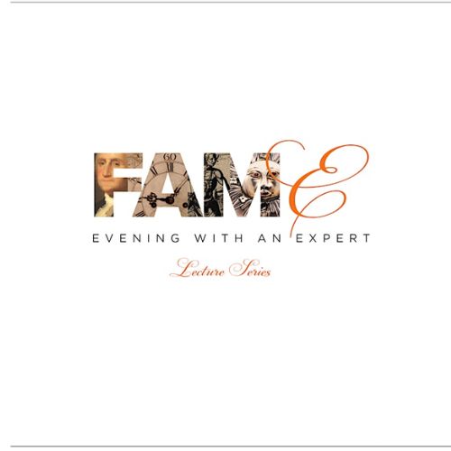 Logo for FAM and evening with an expert lecture series. The letter F has a photo of George Washington, the letter A has a photo of a clock, and the letter M has a photo drawing of a sun.