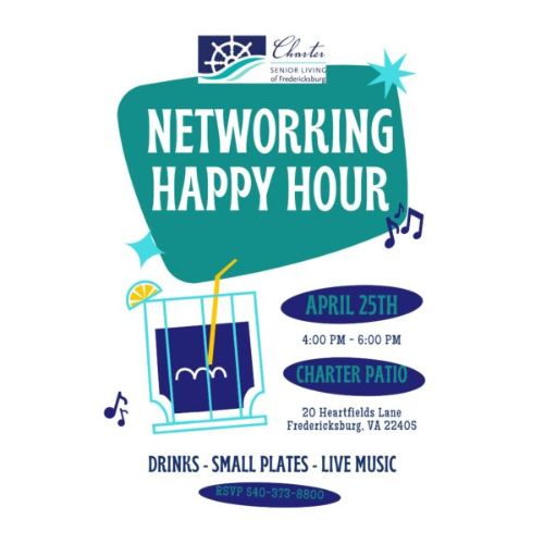 Flyer for Networking Happy Hour. Cartoon drawing of a cocktail glass with a lemon and straw.