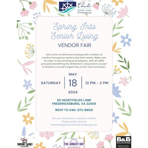 Spring Vendor Fair Flyer for Senior Living. Border is pastel spring flowers with information on the fair on May 18th.