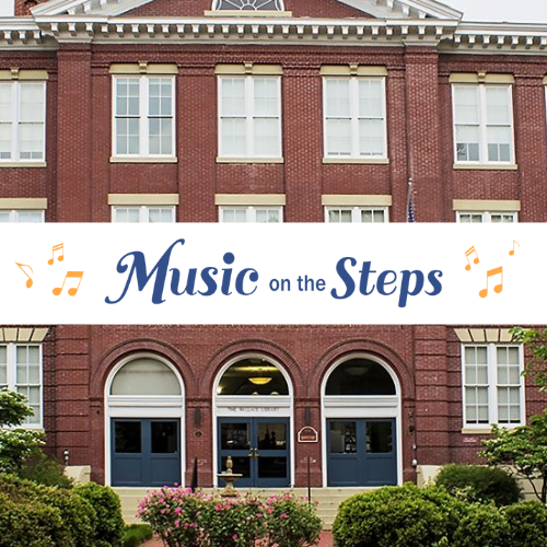 music on the steps logo on photo of the downtown fredericksburg library front entrance