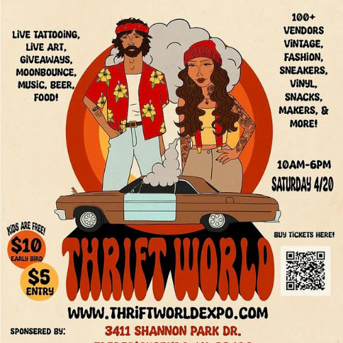 Thrift World Expo Saturday, April 20 from 10am - 6pm. man in red shirt with yellow flowers, woman in red beanie, wearing yellow tank top with red suspenders behind a brown car with a light blue door. Cloud of smoke coming out the car and floating behind the man and woman